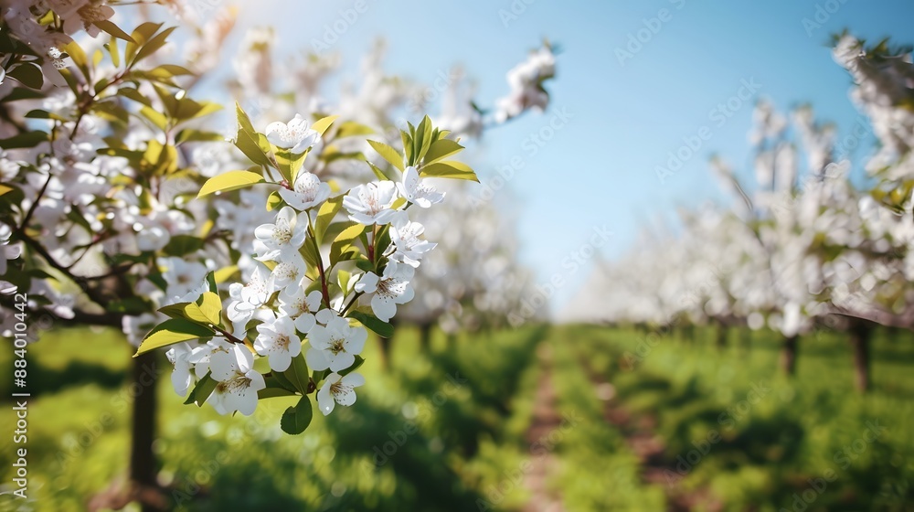 Orchard in full bloom with rows of flowering trees under a clear blue sky, providing a fresh and rejuvenating background. Orchard in full bloom with rows of flowering trees under a clear blue sky, providing a fresh and rejuvenating background.