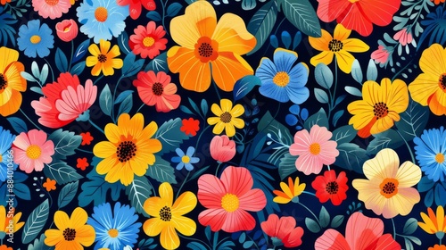 Wallpaper Mural Seamless pattern with colorful hand-drawn flowers on a dark blue background Torontodigital.ca