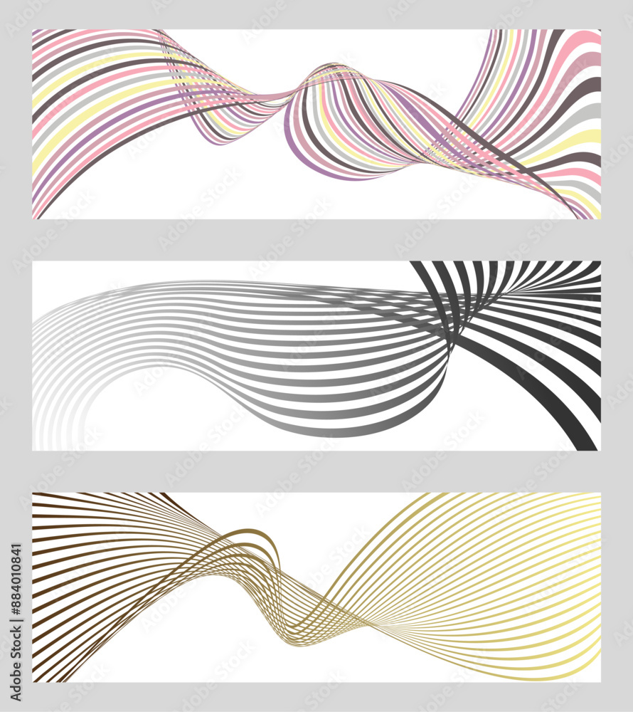 Wavy lines or ribbons. Set of 3 backgrounds. Multicolored striped gradient. Creative unusual background with abstract gradient wave lines to create a trendy banner, poster. vector eps Wavy lines or ribbons. Set of 3 backgrounds. Multicolored striped gradient. Creative unusual background with abstract gradient wave lines to create a trendy banner, poster. vector eps