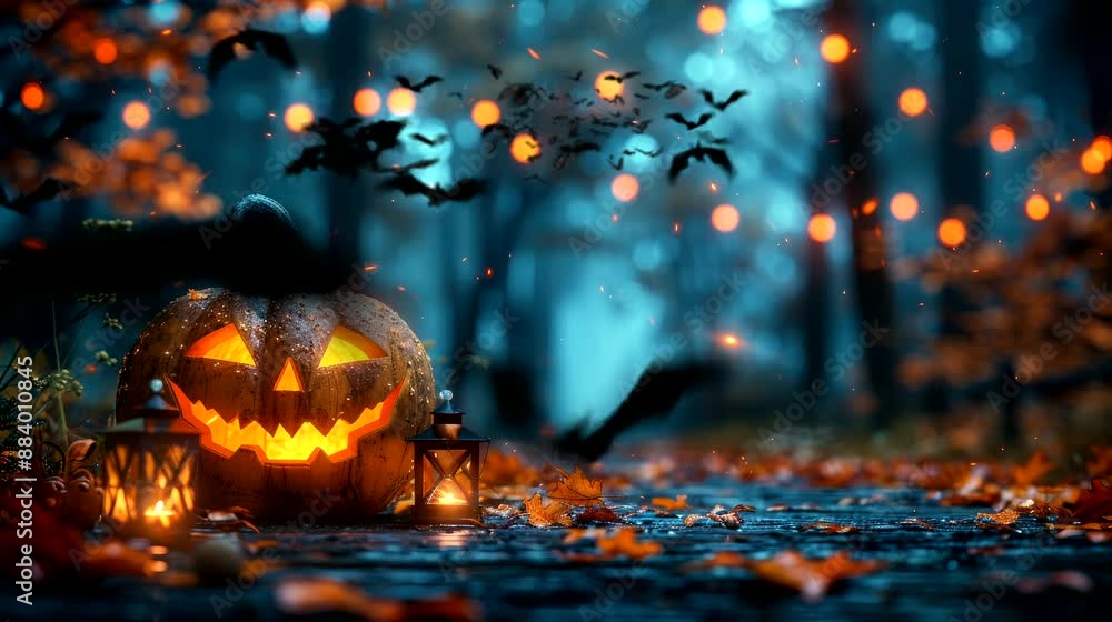 halloween Lantern mini Frame wood with landscape home halloween decorations. Seamless looping time-lapse virtual 4k video animation background halloween Lantern mini Frame wood with landscape home halloween decorations. Seamless looping time-lapse virtual 4k video animation background