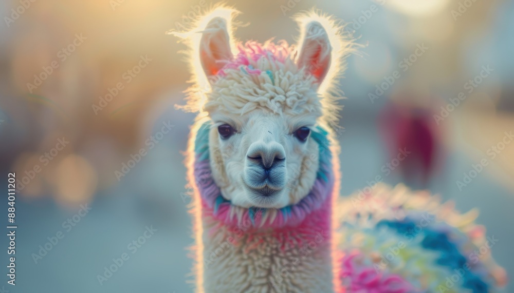 Fototapeta premium A close-up of a colorful alpaca with rainbow fur, standing outdoors in soft, warm sunlight. Perfect for art and nature themes.