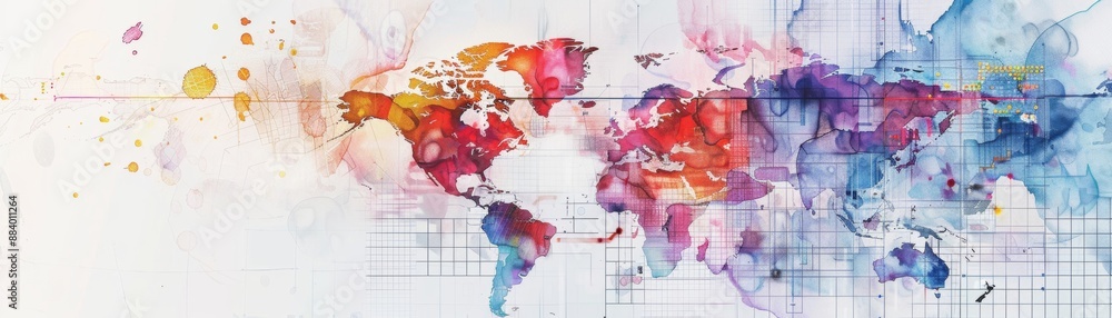 Naklejka premium A visually striking global watercolor map adorned with overlaid digital analysis data