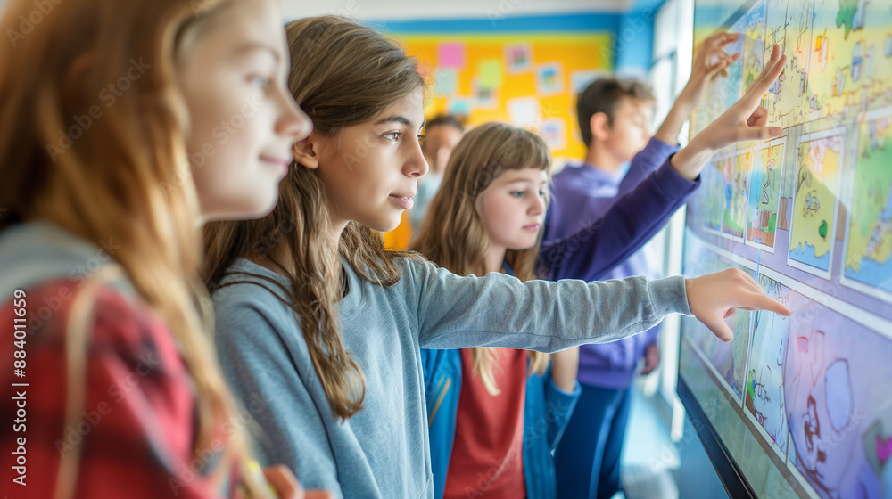 Obraz premium A telephoto angle photo of students using interactive smartboards to solve puzzles and games as part of a group activity, showcasing engagement and collaboration with modern tech,