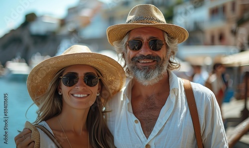 Fototapeta Naklejka Na Ścianę i Meble -  Senior tourist couple walking on an Italian city street enjoys a weekend vacation, embodying the concept of a happy and fulfilling lifestyle.
