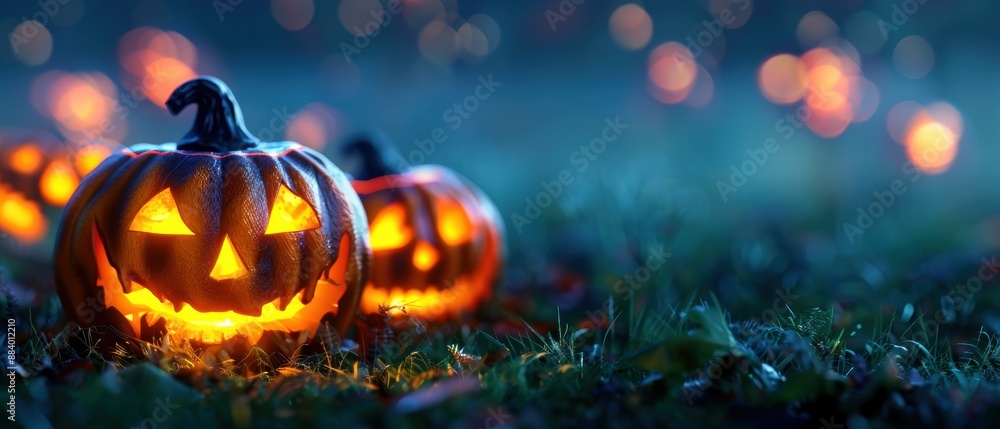Fototapeta premium Glowing Jack O Lantern On Grass. A brightly lit jack o lantern with a carved face sits on the grass, surrounded by a bokeh of orange lights in the background.