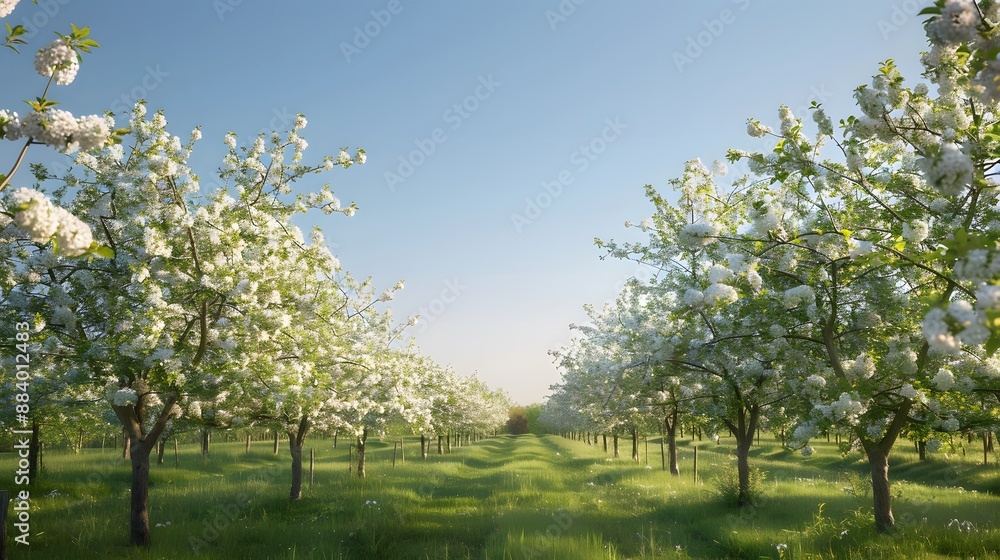 Orchard in full bloom with rows of flowering trees under a clear blue sky, providing a fresh and rejuvenating background. Orchard in full bloom with rows of flowering trees under a clear blue sky, providing a fresh and rejuvenating background.