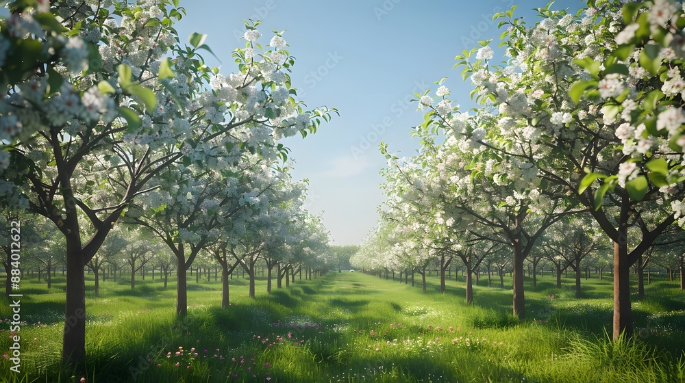 Fototapeta premium Orchard in full bloom with rows of flowering trees under a clear blue sky, providing a fresh and rejuvenating background. 