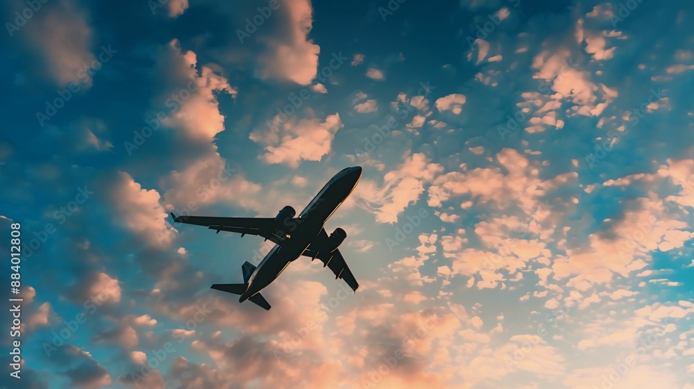 Airplane Silhouette Against Colorful Sunset Sky Airplane Silhouette Against Colorful Sunset Sky