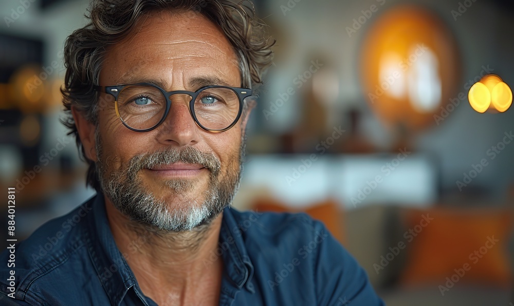 A close-up, slow-motion video portrait of a smiling, middle-aged man wearing glasses looks at the camera. A close-up, slow-motion video portrait of a smiling, middle-aged man wearing glasses looks at the camera.