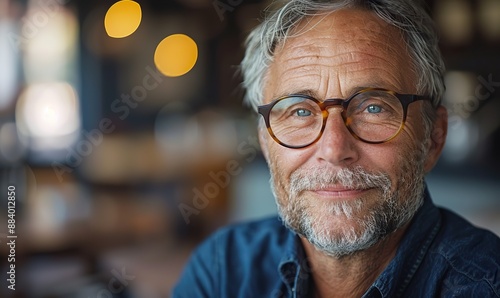 A close-up, slow-motion video portrait of a smiling, middle-aged man wearing glasses looks at the camera.