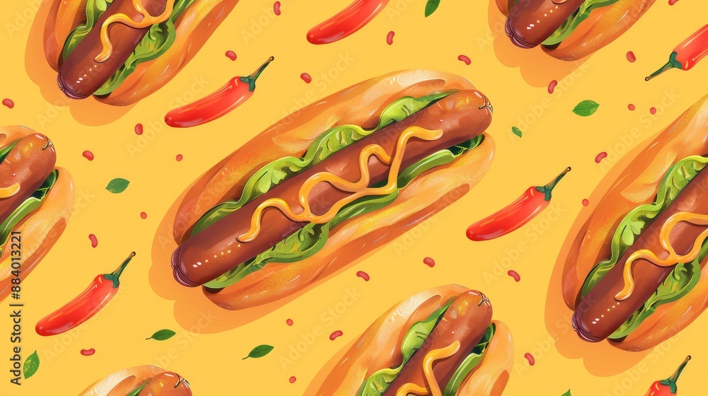 Hot dog seamless pattern with chili peppers and mustard on yellow background Hot dog seamless pattern with chili peppers and mustard on yellow background