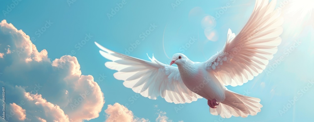 White Dove Soaring in Blue Sky with Sunbeams. White Dove Soaring in Blue Sky with Sunbeams.