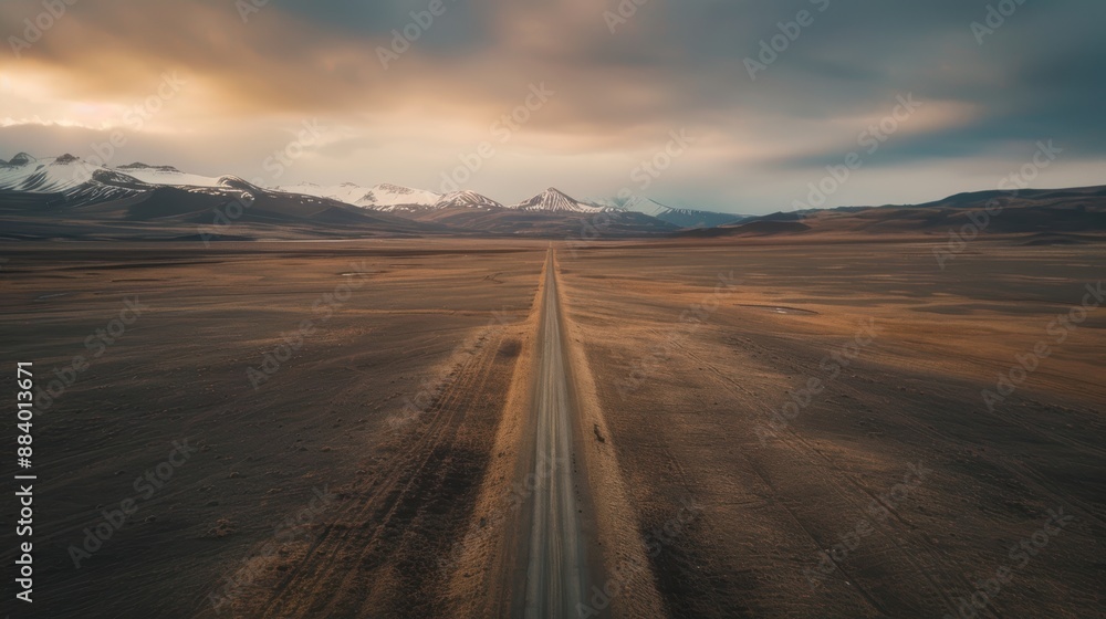 Aerial view of a long, straight road through a barren landscape with dramatic clouds and mountains in the distance at sunset. Aerial view of a long, straight road through a barren landscape with dramatic clouds and mountains in the distance at sunset.