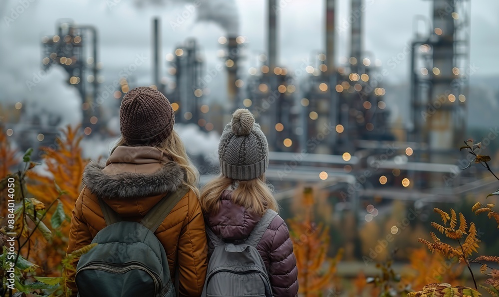 The mother and her daughter observe the factory's smoke pollution, a concept that concerns them. The mother and her daughter observe the factory's smoke pollution, a concept that concerns them.