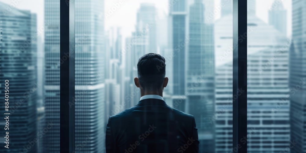 Fototapeta premium A confident man in a suit looks out of his office window into a sea of skyscrapers, thinking about business decisions or future goals.