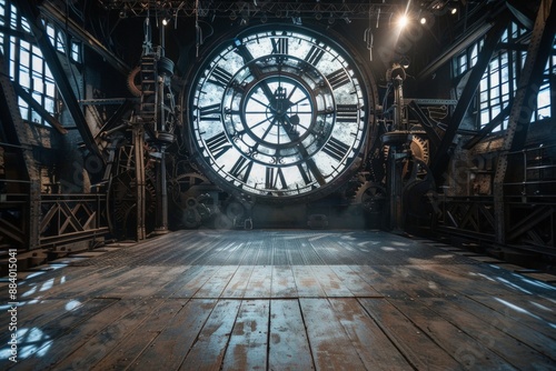 An empty stage set inside a giant clock tower, with enormous clock gears, a metal-grate floor, and shafts of light streaming through the clock face. 