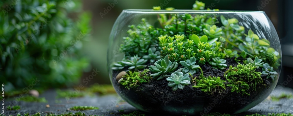 Beautiful terrarium with various succulent plants in a glass bowl, creating a mini indoor garden with lush green foliage. Beautiful terrarium with various succulent plants in a glass bowl, creating a mini indoor garden with lush green foliage.