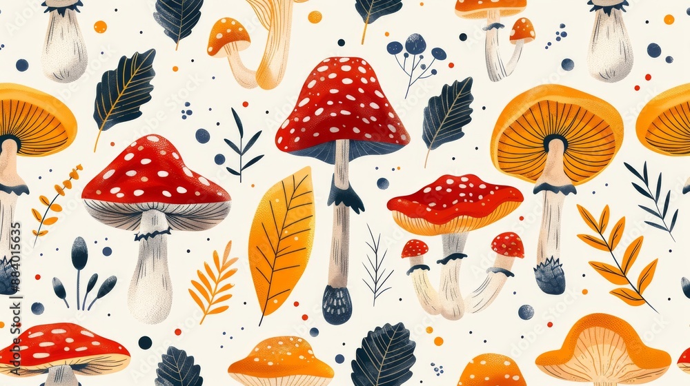 Whimsical seamless pattern of various mushrooms and autumn leaves Whimsical seamless pattern of various mushrooms and autumn leaves