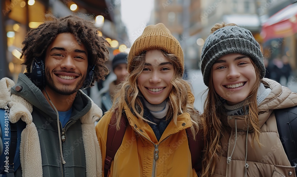 Laughing teenagers, including multicultural best friends, hang out together on a city street, taking a selfie with a smart mobile phone. Laughing teenagers, including multicultural best friends, hang out together on a city street, taking a selfie with a smart mobile phone.