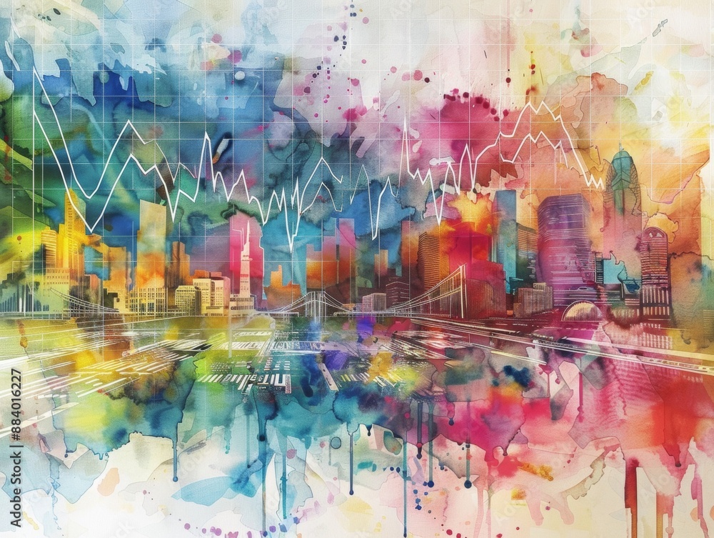 Obraz premium watercolor painting featuring a financial portfolio showcasing diverse assets such as loans and exchanges