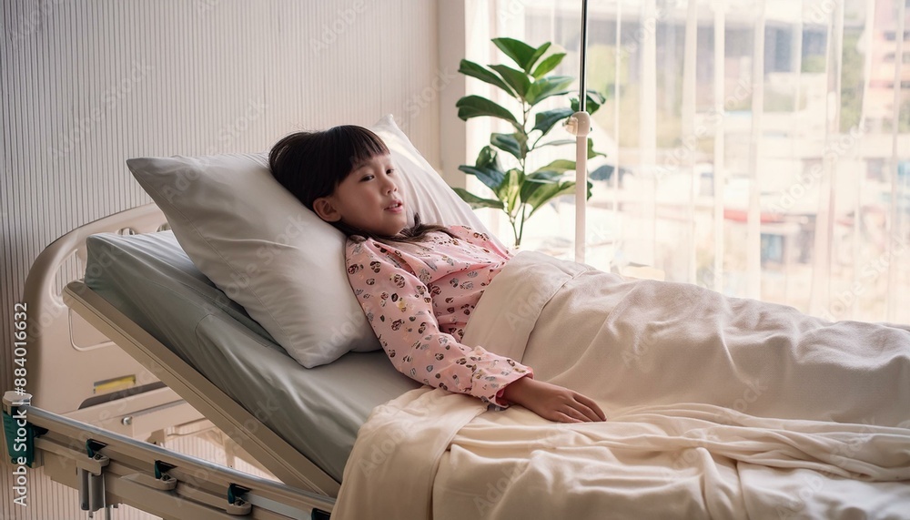 病院ベッドのベッドで寝ている女の子 病院ベッドのベッドで寝ている女の子