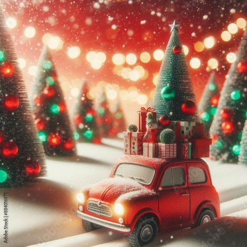 Closeup of a small vintage car with a Christmas tree on its roof on an artificial snow,