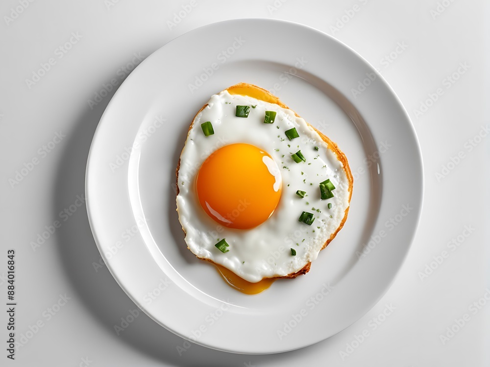 Sunny Side Up Egg with Green Onions on a White Plate Sunny Side Up Egg with Green Onions on a White Plate