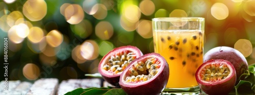 Wallpaper Mural Fresh passionfruit juice with fruit on wooden table. Torontodigital.ca