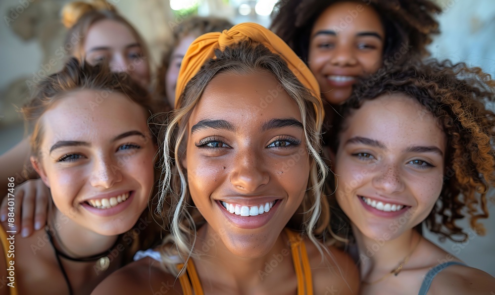 A multicultural group of multi-ethnic young friends take a selfie, smiling at the camera, showcasing teamwork, friendship, community, university, and human resources concepts. A multicultural group of multi-ethnic young friends take a selfie, smiling at the camera, showcasing teamwork, friendship, community, university, and human resources concepts.