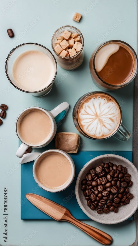 Coffee composition. Fresh brewed coffee in a cup. Flat lay. Coffee composition. Fresh brewed coffee in a cup. Flat lay.
