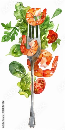 Wallpaper Mural Hand-drawn Watercolor Illustration of Fresh and Healthy Salad with Shrimp on Fork Torontodigital.ca