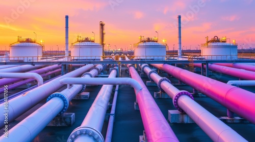 A detailed view of a natural gas processing facility at dawn, with a network of pipelines and storage tanks, highlighting the scale and complexity of industrial infrastructure
