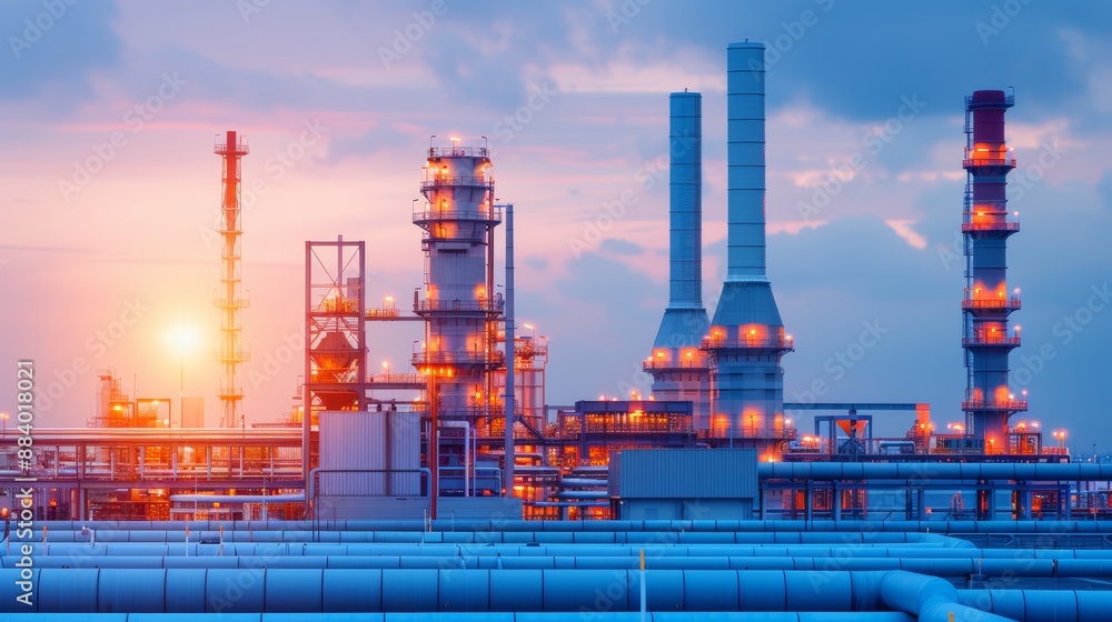 Fototapeta premium A high-tech manufacturing hub, illuminated by the glow of a power plant, with a maze of crude oil pipelines, depicting industrial innovation and power