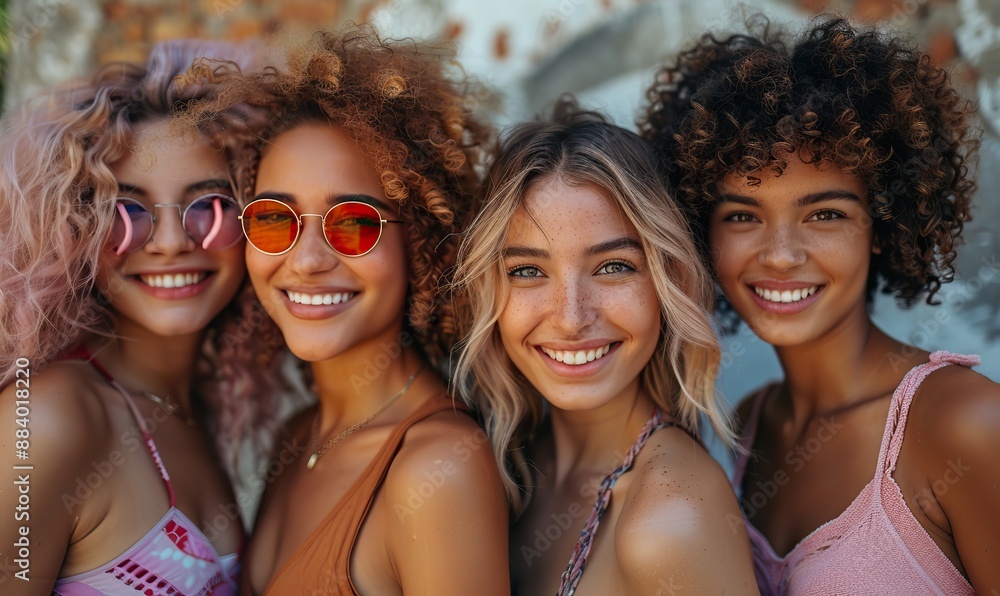 A multicultural group of women, expressing feminism and lifestyle, walk happily together on a city street, smiling and enjoying their day out. A multicultural group of women, expressing feminism and lifestyle, walk happily together on a city street, smiling and enjoying their day out.