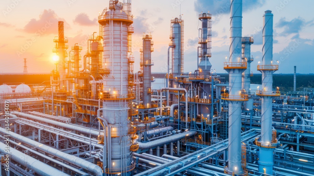 Aerial view of a large petrochemical complex, showcasing extensive infrastructure and environmental impact, focus cover all object, deep dept of field Aerial view of a large petrochemical complex, showcasing extensive infrastructure and environmental impact, focus cover all object, deep dept of field