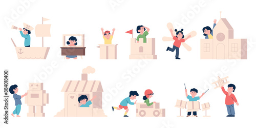 Children cardboard game. Kids play with box toys. Toddlers gaming paper boxes for building castle and house, fly plane or driving car, recent vector scenes