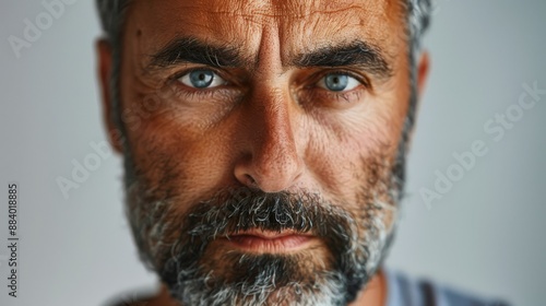 Intense stare of a rugged, middle-aged man with graying beard and bright blue eyes photo