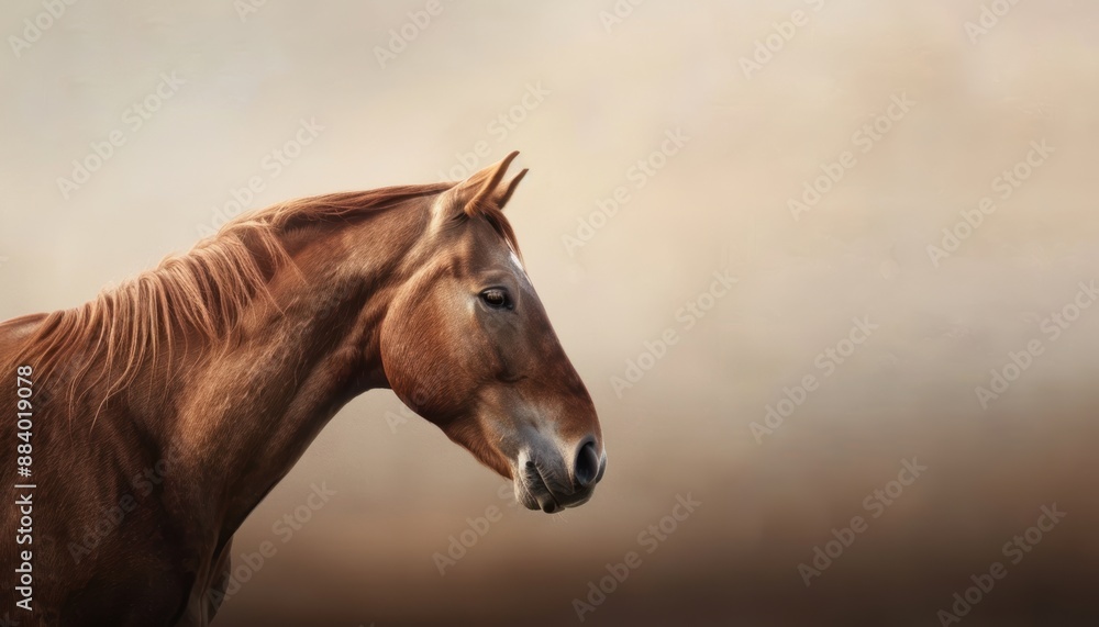 Obraz premium Elegant brown horse facing left against a soft beige background, showcasing its sleek mane and profile.