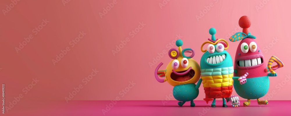 Fototapeta premium A cartoonish scene with a group of characters and a bunch of colorful balloons. Free copy space for banner.