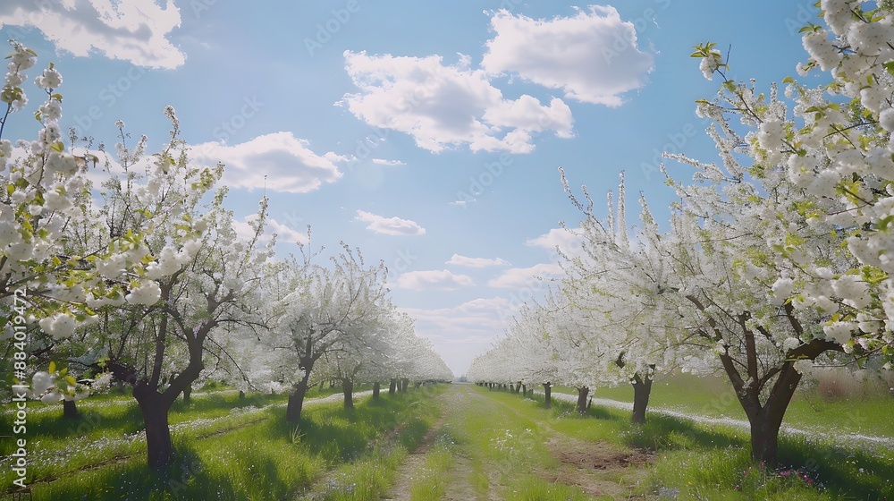 Orchard in full bloom with rows of flowering trees under a clear blue sky, providing a fresh and rejuvenating background. Orchard in full bloom with rows of flowering trees under a clear blue sky, providing a fresh and rejuvenating background.