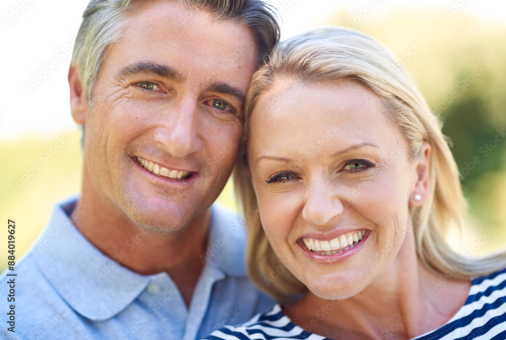 Mature, couple and smiling portrait in park, nature and weekend break in summer with love. Romance, trust and support for bonding together or outside, smile and people in married relationship Mature, couple and smiling portrait in park, nature and weekend break in summer with love. Romance, trust and support for bonding together or outside, smile and people in married relationship