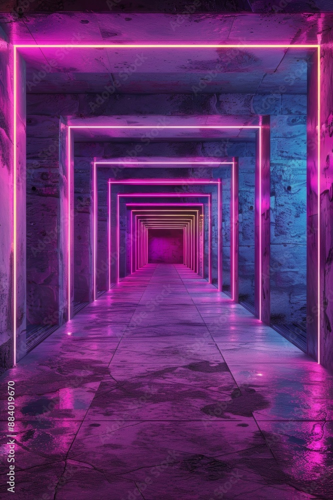 Obraz premium A 3D rendering depicting a neon-lit, laser purple and blue parking sci-fi futuristic alien spaceship corridor tunnel showroom hangar underground hallway basement