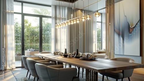 A contemporary dining room with a rectangular wooden table