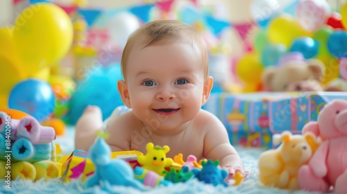 Adorable baby surrounded by colorful baby shower gifts and toys.