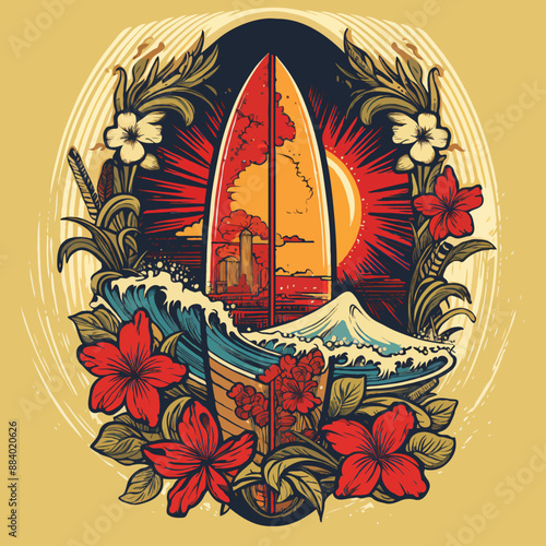 Hawaiian style surf club and surf school design. Retro vintage label.