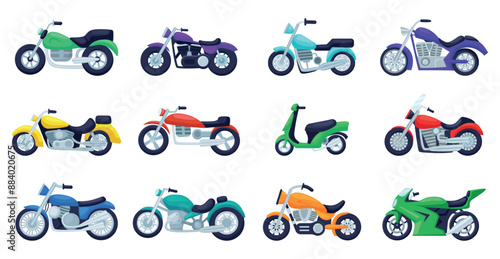 Cartoon motorbike set. Motorcycle colorful icons. Bikes motorcycle for sport and transportation. Urban vehicle, delivery transport nowaday vector clipart