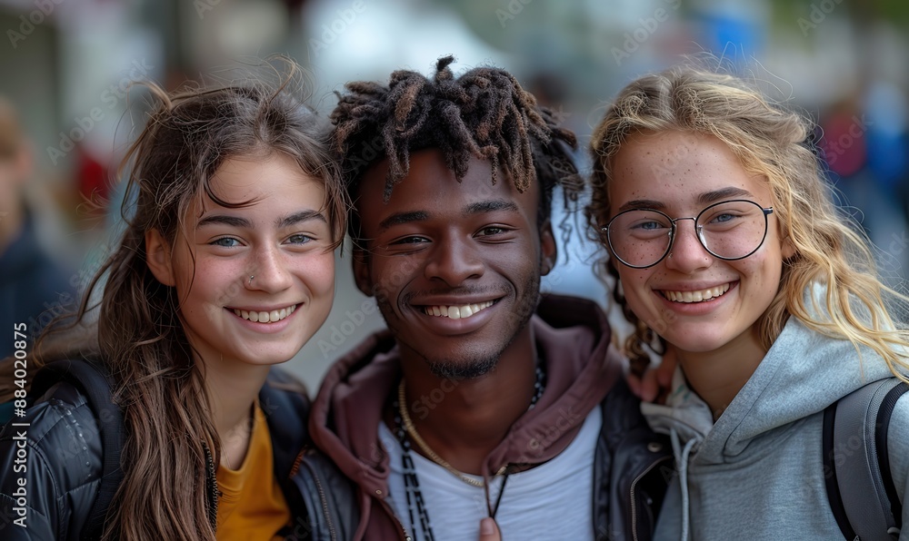 A group of young friends, including multiracial besties, hang out on a city street, smiling at the camera and embodying the concept of friendship. A group of young friends, including multiracial besties, hang out on a city street, smiling at the camera and embodying the concept of friendship.