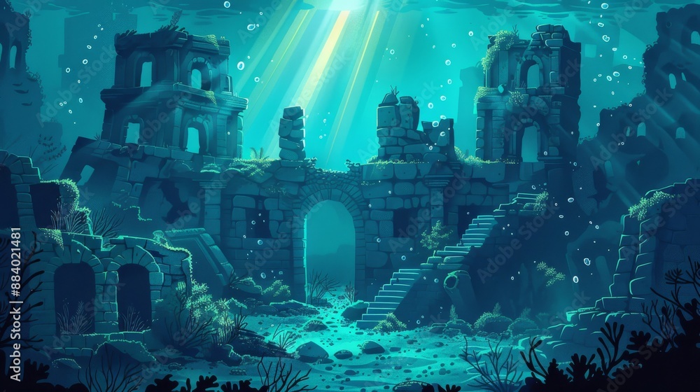 Ancient City Ruins Underwater Scene With Bright Light Rays Shining Through Ancient City Ruins Underwater Scene With Bright Light Rays Shining Through