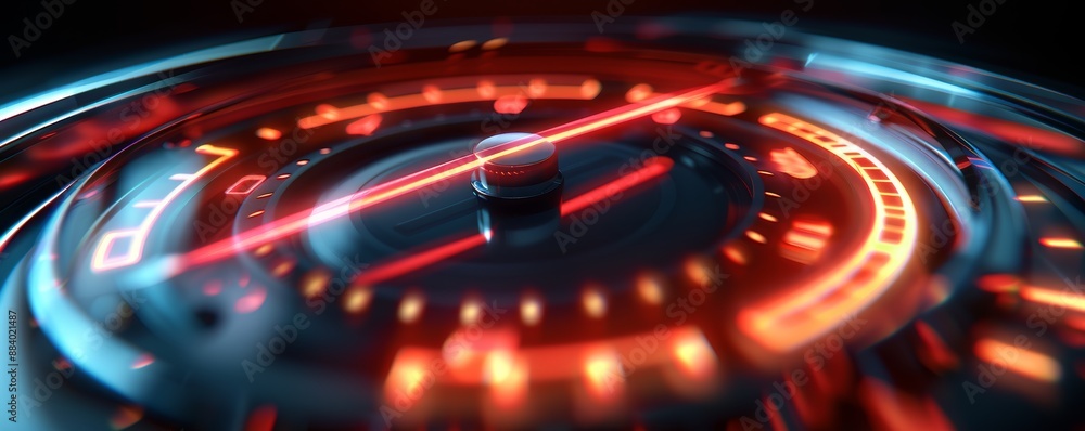 Futuristic speedometer with glowing red and orange digital displays, representing technology and innovation in automotive design. Futuristic speedometer with glowing red and orange digital displays, representing technology and innovation in automotive design.