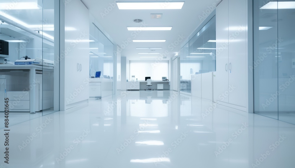 Obraz premium Modern clean laboratory interior with bright lighting and sleek design, featuring glass walls and cutting-edge equipment. High-tech workspace.